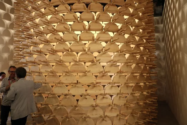 <strong>Republic of Kosovo<br /><em>Visibility (Imposed Modernity)</em><br />Curator: Gezim Pacarizi</strong><br /><br />The Kosovo pavilion presented a circular tower made from 692 traditional <em>sh