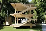 Among the national pavilions in the Giardini, the Architectural Association School in London commissioned 1:1 Dom-ino, a realization of the legendary, never-built Maison Dom-ino, designed in 1914 by L