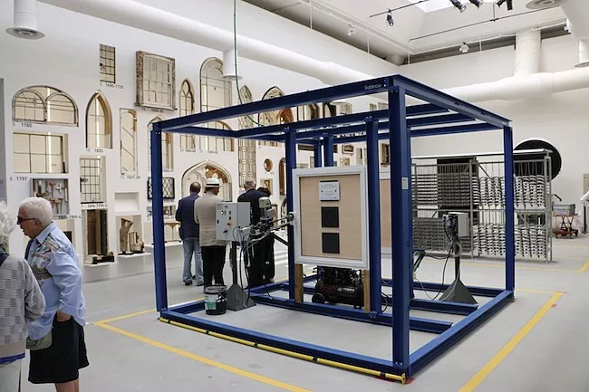 The Window gallery shows a stress-testing device used by contemporary window manufacturers alongside a collection of 16th-19th century window frames.