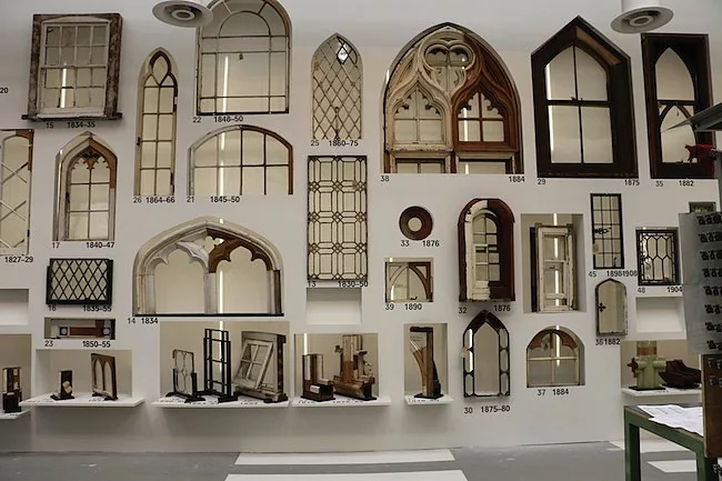 The Window gallery shows a stress-testing device used by contemporary window manufacturers alongside a collection of 16th-19th century window frames.