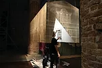 An installation documents the 2008 closure and pending sale of Rome's Ospedale San Giacomo, founded in 1339.