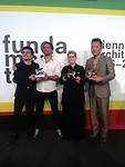 Curators Pedro Alonso and Hugo Palmarola of the Silver Lion-winning Chilean pavilion, with lifetime achievement winner Phyllis Lambert, and Minsuk Cho, whose Korean Pavilion won this year's Golden Lio