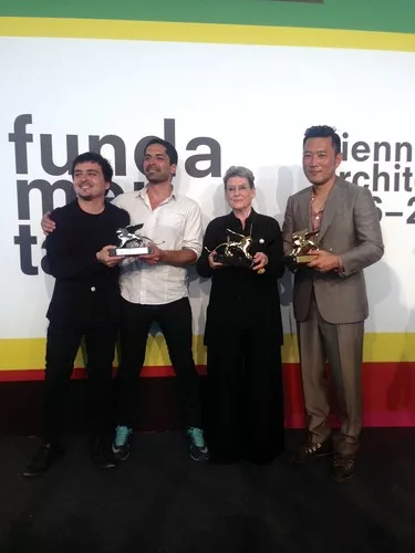 Curators Pedro Alonso and Hugo Palmarola of the Silver Lion-winning Chilean pavilion, with lifetime achievement winner Phyllis Lambert, and Minsuk Cho, whose Korean Pavilion won this year's Golden Lio