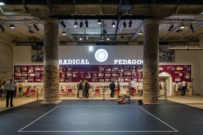 One part of the wide-ranging <em>Monditalia</em> exhibition, the Radical Pedagogy wall, an installation by Beatriz Colomina with a group of students from the Princeton University’s School of Arc