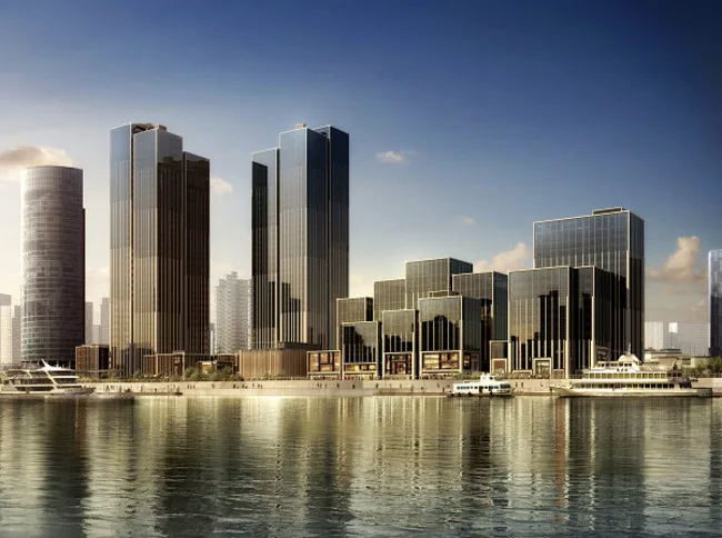 Foster + Partners and Heatherwick Studio are building the Bund Finance Center, a multi-use project including offices, a hotel, retail, and a cultural center. Two 590-foot towers anchor the south end