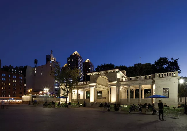 The restored pavilion at night.