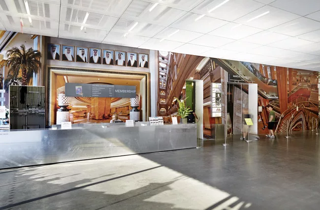 A group of artists called GCC created a wallpaper and sound installation for the lobby of the New Museum, meant to look like a luxury hotel in Abu Dhabi.