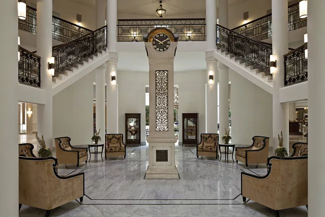 The Palace Hotel's trademark staircase was reconstructed in the hotel's rotunda.