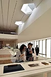 A museum gallery receives daylight filtered through hexagonal skylights.