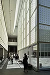 The geometric mashrabiya pattern printed on the glass walls of the interior courtyard cast intricate shadows inside the museum.