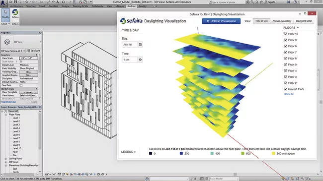 Daylighting analysis is visualized by mapping lux levels onto each building floor.