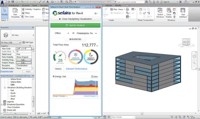 The Sefaira plug-in for Revit displays energy analysis within Revit's modeling environment.