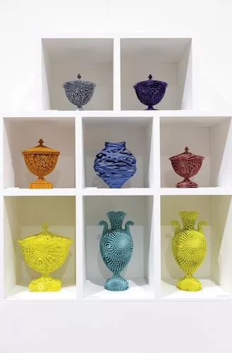 Ceramicist Michael Eden’s 3D-printed nylon vessels appeared in an exhibition titled Future Heritage within the Decorex interiors fair. Its curator, Corinne Julius, brought together the work of 2