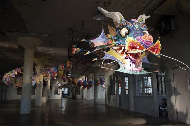 One of seven installations that is part of Ai Weiwei's <em>@Large</em> on Alcatraz, <em>With Wind</em> snakes through the front room in the New Industries Building.