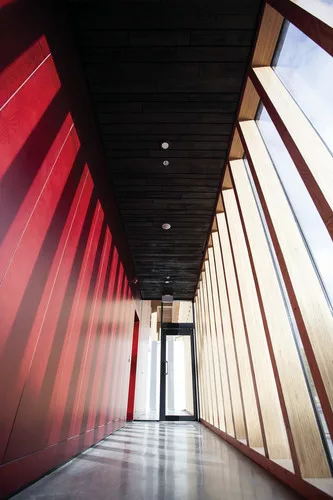 The window mullions are made of an engineered wood product called laminated veneer lumber.