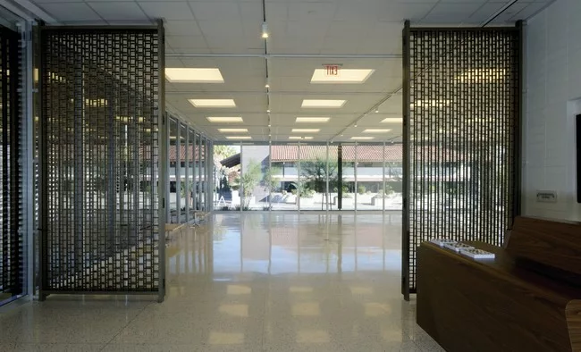 View from the entrance of the building. Marmol Radziner restored the bank's original metal gate.
