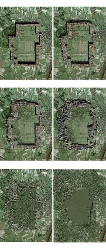 Aerial renderings of Auschwitz-Birkenau, showing it enclosed by a wall of logs that deteriorates over time, as does the camp.<div id='_mcePaste'>﻿﻿