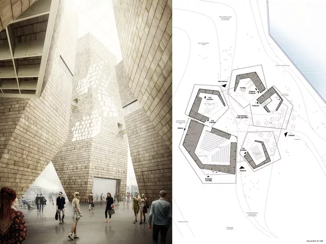 Finalist GH-76091181 comprises a ring of slender, sculptural towers faced with timber shingles gathered around a cathedral-like central space.<div id='_mcePaste'>