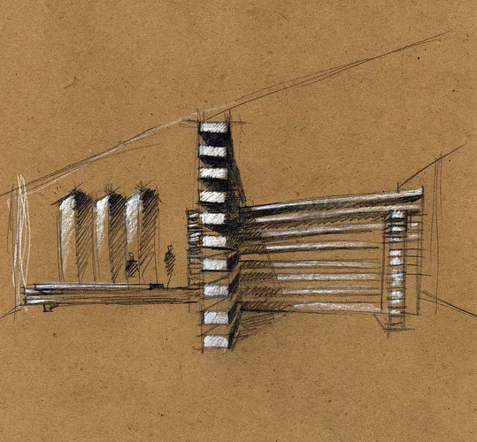 A concept sketch of the Collectors Lounge by Olson Kundig Architects.