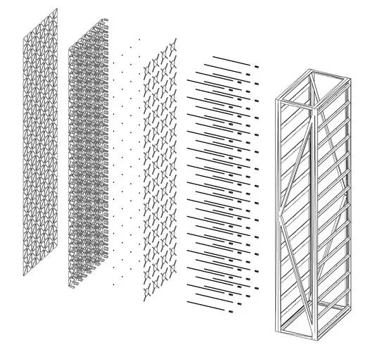 dECOi Architects's (Mark Goulthorpe) <em>HypoSurface</em>, exploded axonometric drawing of the metal skin, rubber squid connectors and spring stabilisers, 2001.<div id='_mcePaste'>