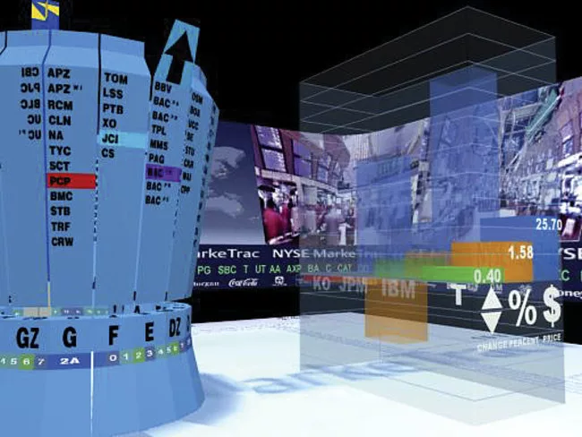 Asymptote Architecture's (Hani Rashid, Lise Anne Couture) trading floor visualization project of the Virtual Trading Floor<em>,</em> phase 2.3 documentation, 1997–1999, Electrostatic colour prin