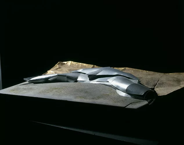 NOX's study model of <em>H2Oexpo</em>, Neeltje Jans, Pays-Bas, 1994. Wood, aluminum, sheet metal, cardboard, plastic, paper, metallic paint, air hardening modeling paste.<br />