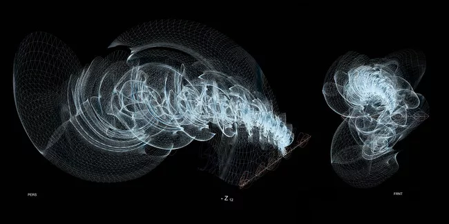 Karl Chu's <em>X Phylum</em>, -Z rule-set lofted splines in perspective (left) and frontal elevation (right), 1999.<div id='_mcePaste'>