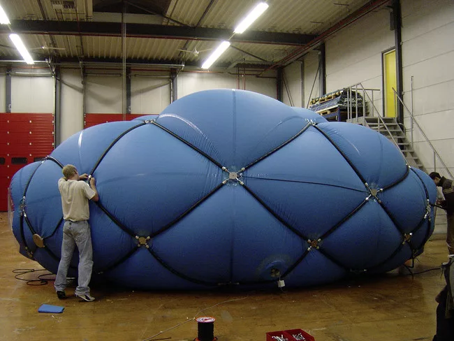 ONL's (Oosterhuis_Lénàrd: Kas Oosterhuis, Ilona Lénàrd) view of the prototype of the <em>NSA Muscle</em> at TU Delft, 2003.<div id='_mcePaste'>