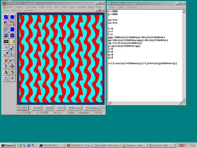 Objectile's (Bernard Cache) screenshot of TopSolid™ version 5 interface showing variations of surfaces by manipulation of a parametric equation, 1998.<div id='_mcePaste'>