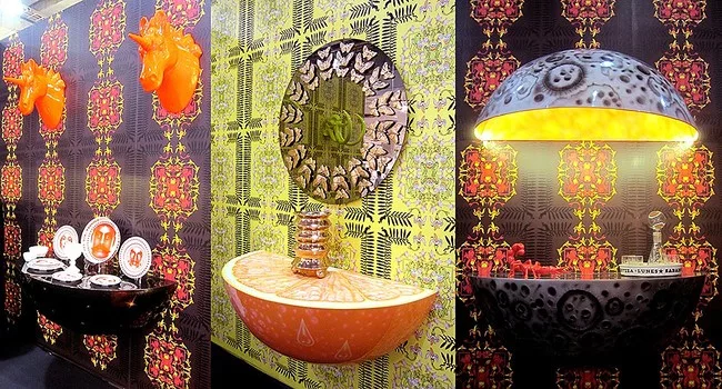 DFC, <em>Casual Dinnerware</em> (2013),<em> Orange Crush Fiberglass Wall Console</em> (2013), <em>Rosario Mirror</em> (2013)<br />Installation view at ICFF New York, 2013. Mexico.<div id='_mcePaste'>&