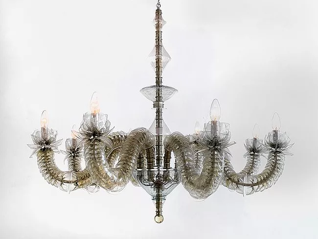 Thierry Jeannot's <em>Green Transmutation Chandelier </em>(2010) made from reclaimed materials, green dye, aluminum, and light bulbs.<div id='_mcePaste'>﻿﻿