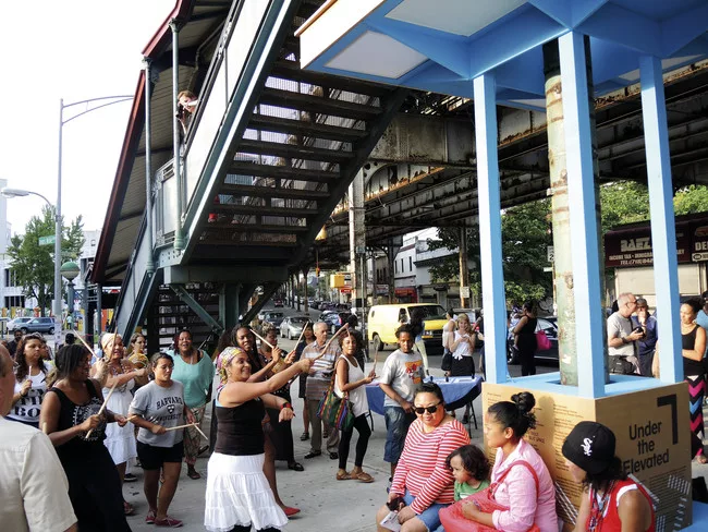 The Design Trust for Public Space erected the Boogie Down Booth as part of its Under the Elevated project. The temporary installation transformed an underused space beneath subway tracks in the South 