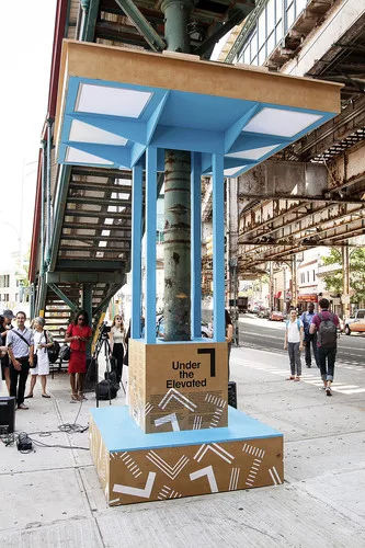 The Design Trust for  Public Space erected the Boogie Down Booth as part of its Under the  Elevated project. The temporary installation transformed an underused  space beneath subway tracks in the Sou