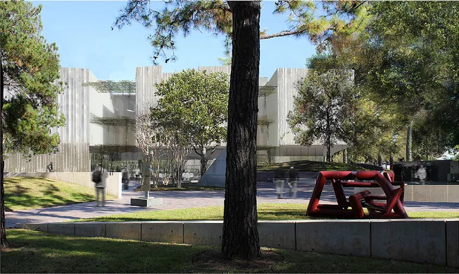 View of the Nancy and Rich Kinder Building Restaurant Entrance from the Lillie and Hugh Roy Cullen Sculpture Garden.