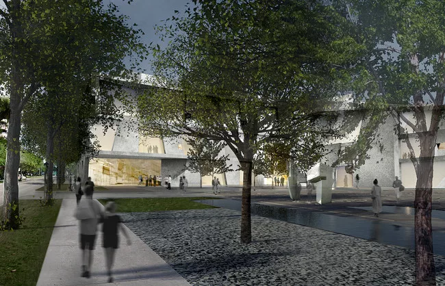 View of the Glassell School of Art facade and Brown Foundation, Inc., Plaza