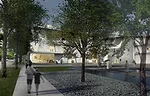 View of the Glassell School of Art facade and Brown Foundation, Inc., Plaza