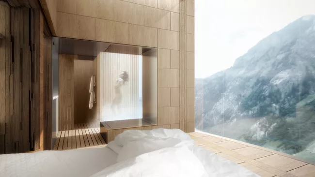 Morphosis's design for a new hotel tower in Vals, Switzerland.<div id='_mcePaste'>﻿﻿