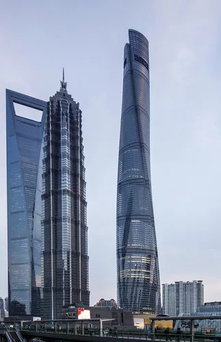 Shanghai Tower with views of The Shanghai World Financial Center (KPF) and Jin Mao Tower (SOM).