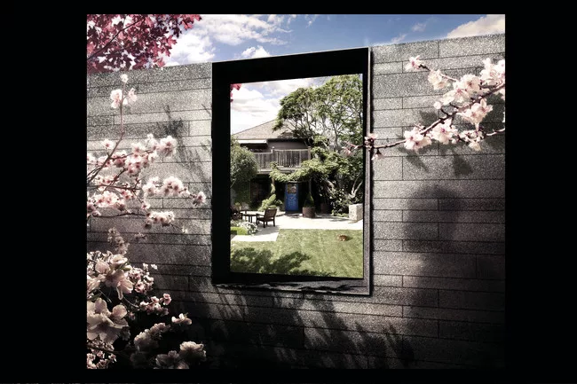The new structure's stone walls will frame views of the original building and its signature blue door.<div id='_mcePaste'>