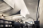 Inspired by a tablecloth, the geometry of the kitchen ceiling will cut down on noise while reflecting sound so that opposite-facing staffers can better hear instructions.<div id='_mcePaste'>﻿&#
