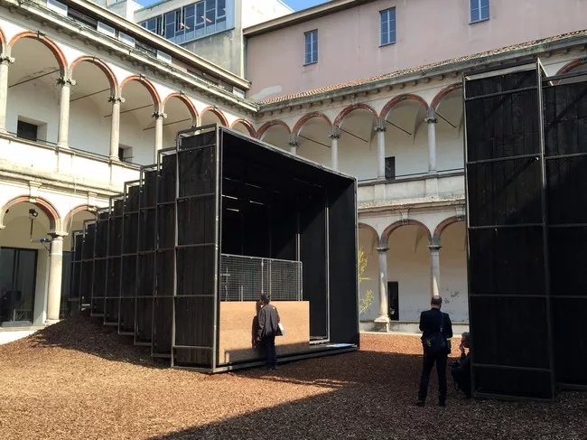 French-born architect Annabel Karim Kassar's installation is called 'Camera Chiara.' It features two telescopic pavilions that contain spaces based on Lebanese domestic interiors.