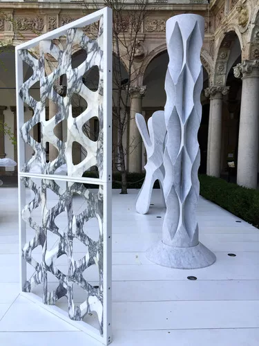 These architectural designs in marble by Raffaello Galliotto were made by diamond wire cutting, diamond disc cutting, and a milling lathe.