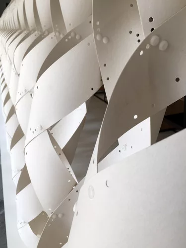 An up-close view of Kuma's cocoon structure, made of 1mm-thick vulcanized paper that twists and weaves.