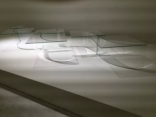 The first floor of Nendo's exhibit at the Museo della Permanente featured the Japanese designer's stunning work for Glas Italia.