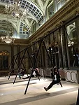 Inside the Neoclassical Palazzo Serbelloni, designer Philippe Malouin created an interactive swing installation showcasing newly launched designs and textures from Caesarstone's surface material colle