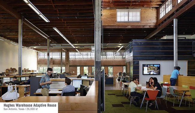With its renovation of the Hughes Warehouse in San Antonio, Overland Partners transformed a nearly 100-year old former plumbing warehouse into a design studio. The scheme preserves the building’