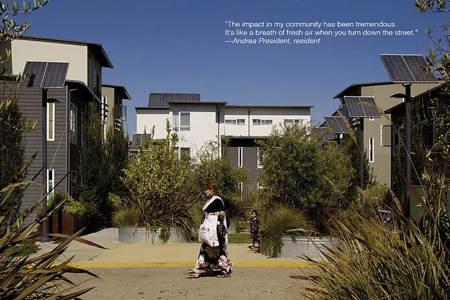 David Baker's <a href='http://greensource.construction.com/green_building_projects/2011/1102_tassafaronga_village.asp' target='_blank'>Tassafaronga Village</a>, in Oakland, California, includes a 60-u