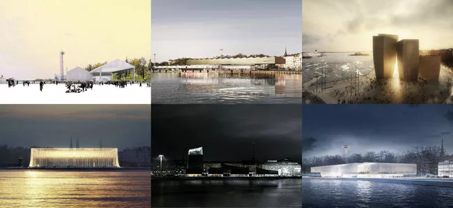 Renderings of the six finalist designs for the Guggenheim Helsinki. These renderings are unmarked to preserve the anonymity mandated by Finnish law.