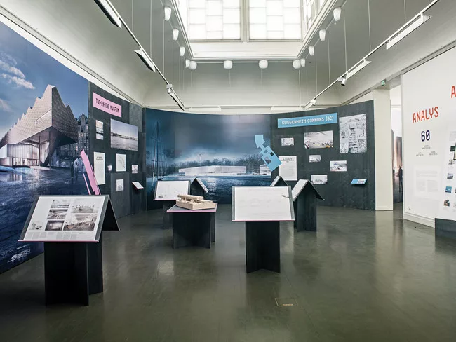 Installation view of <em>Guggenheim Helsinki Now: Six Finalist Designs Unveiled</em> at the Kunsthalle Helsinki.