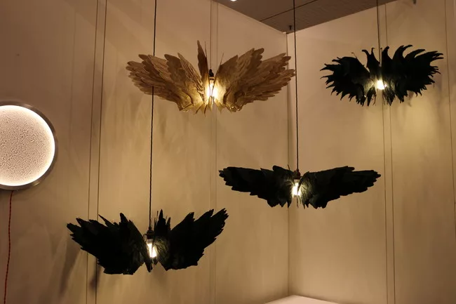 U.K. and Philippines-based designer Daniel Latorre Cruz’s handmade chandeliers have feather-like “wings” made of mulberry tree fibers.<div id='_mcePaste'>